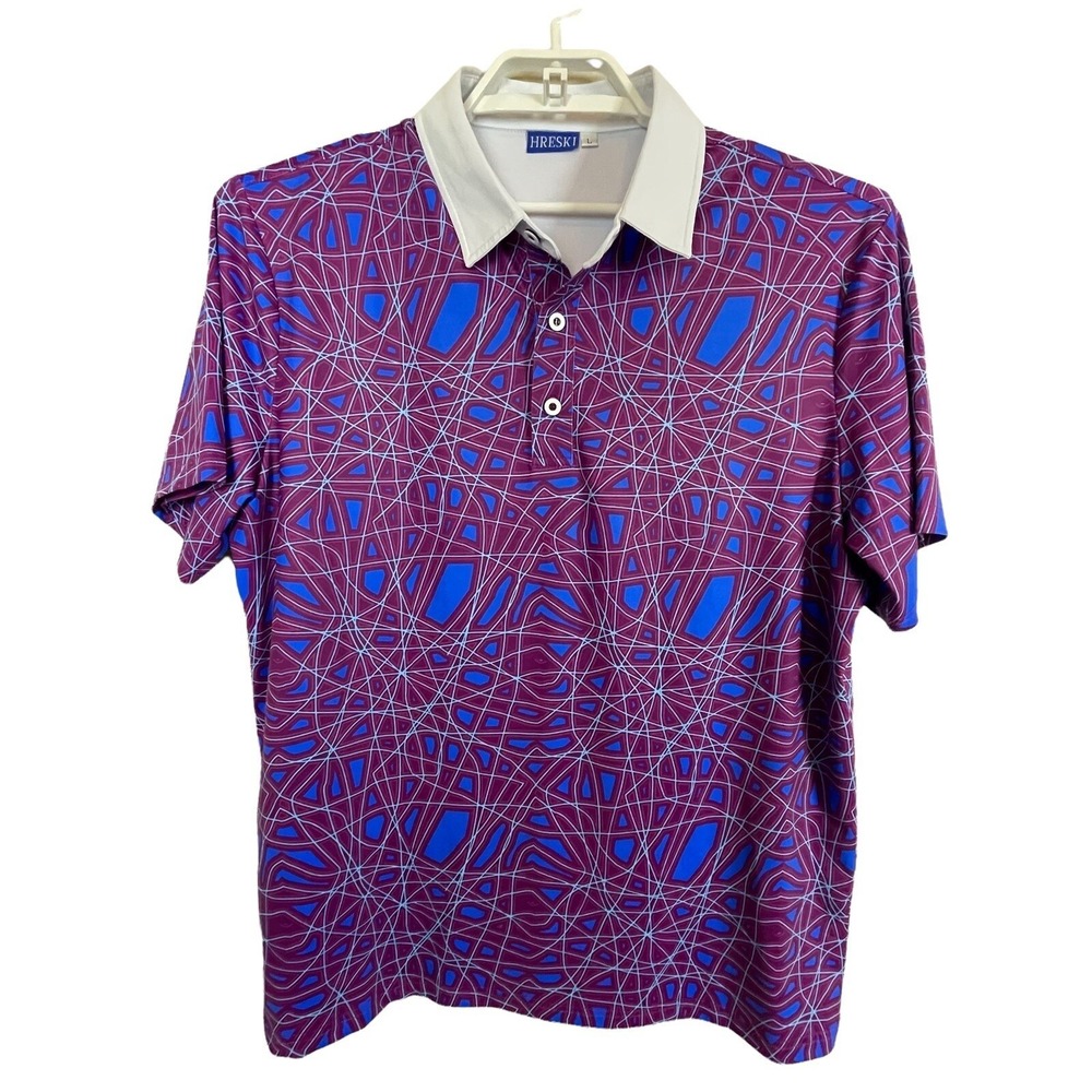 Hreski Golf Polo Shirt Mens L Maximalist Purple Blue Abstract Performance L